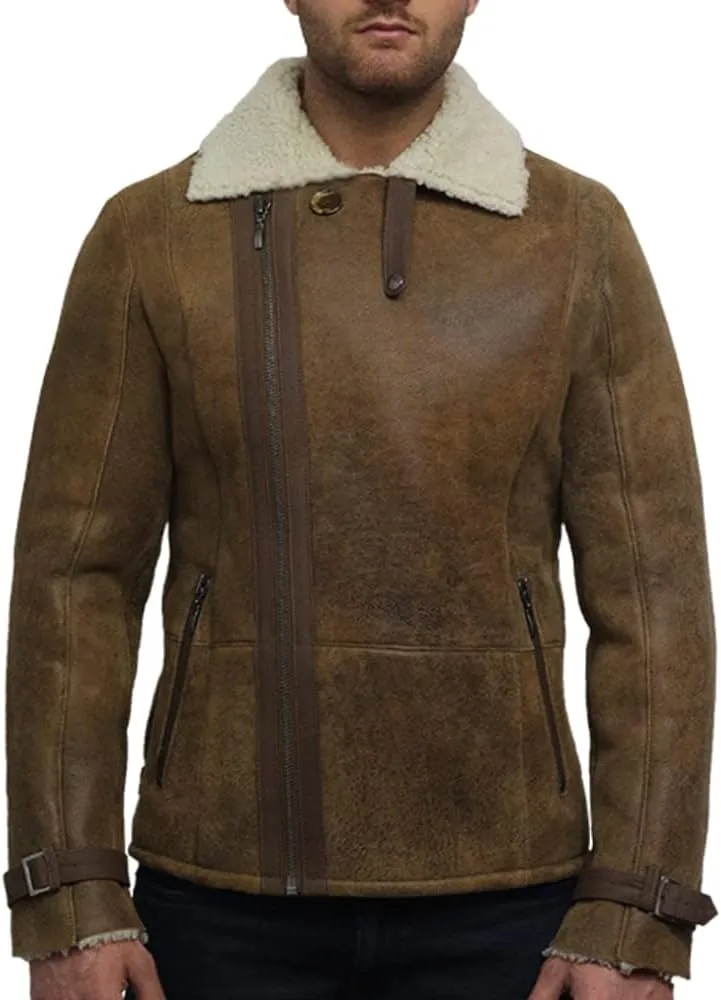 BRANDSLOCK Mens Aviator Genuine Shearling Sheepskin Leather Bomber Jacket