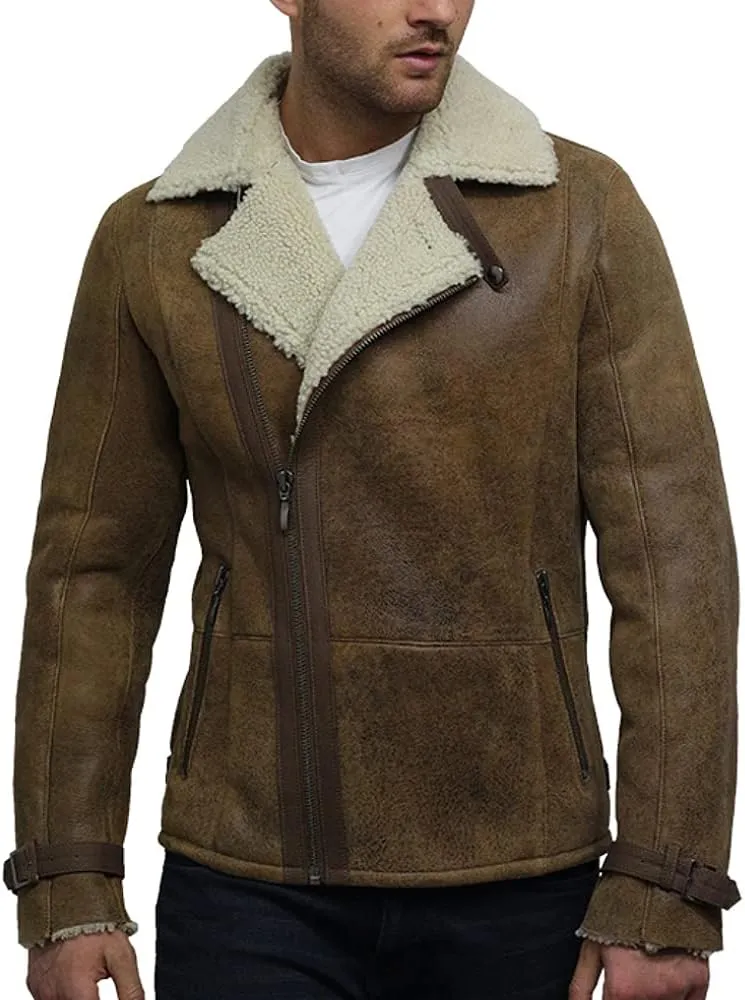 BRANDSLOCK Mens Aviator Genuine Shearling Sheepskin Leather Bomber Jacket