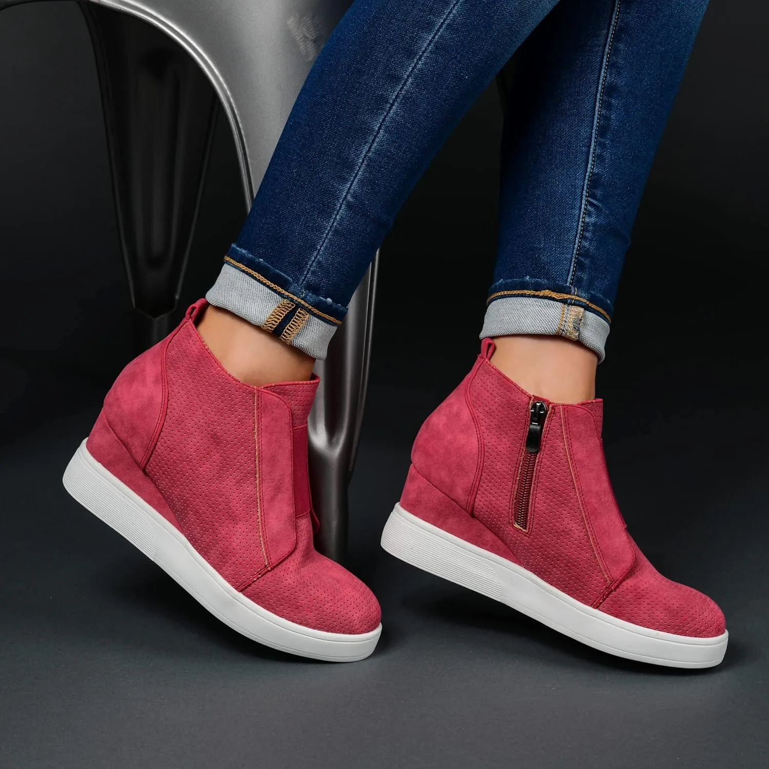 Brinley Co Womens CLAYRE-BLU-075 Leather Hight Top Zipper Fashion Sneakers