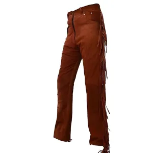 Brown Suede Leather Fringe Pants For Men Western Pant MFP1131