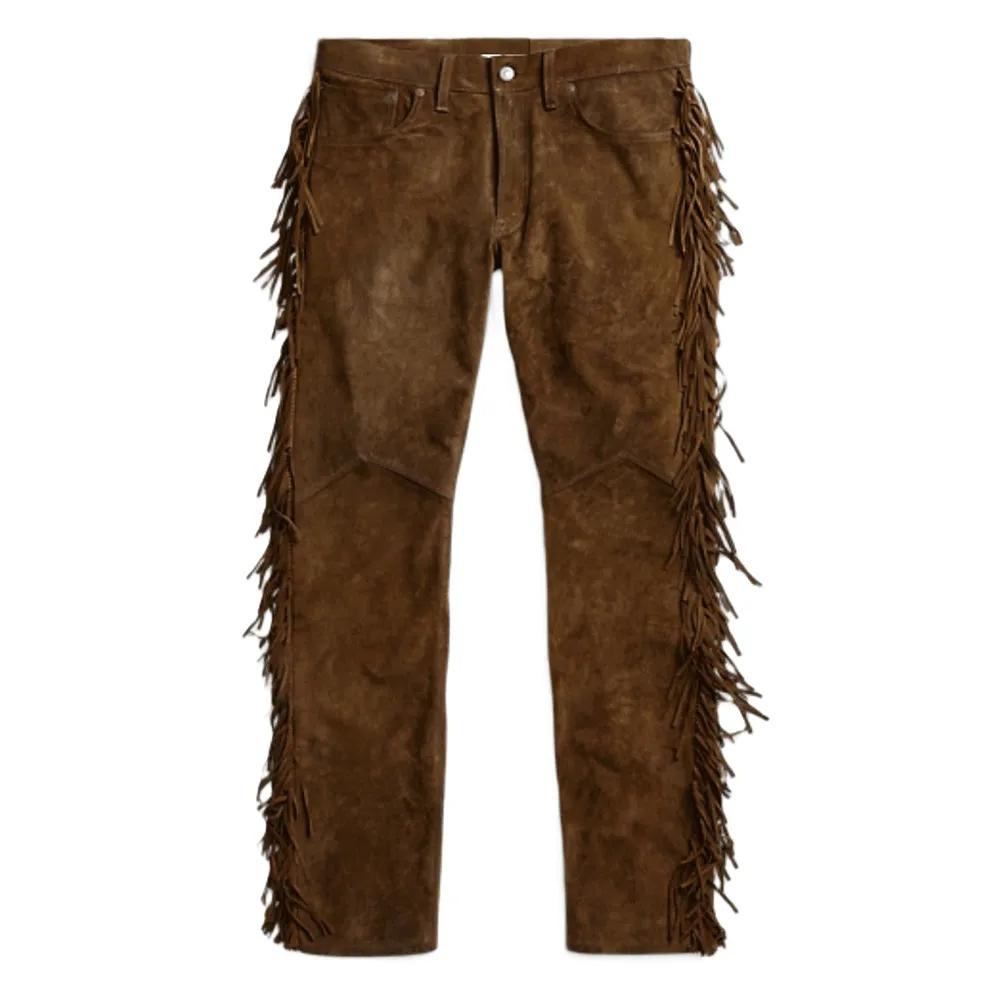 Brown Suede Leather Fringe Pants Jeans Style For Men Western Pant MFP1107