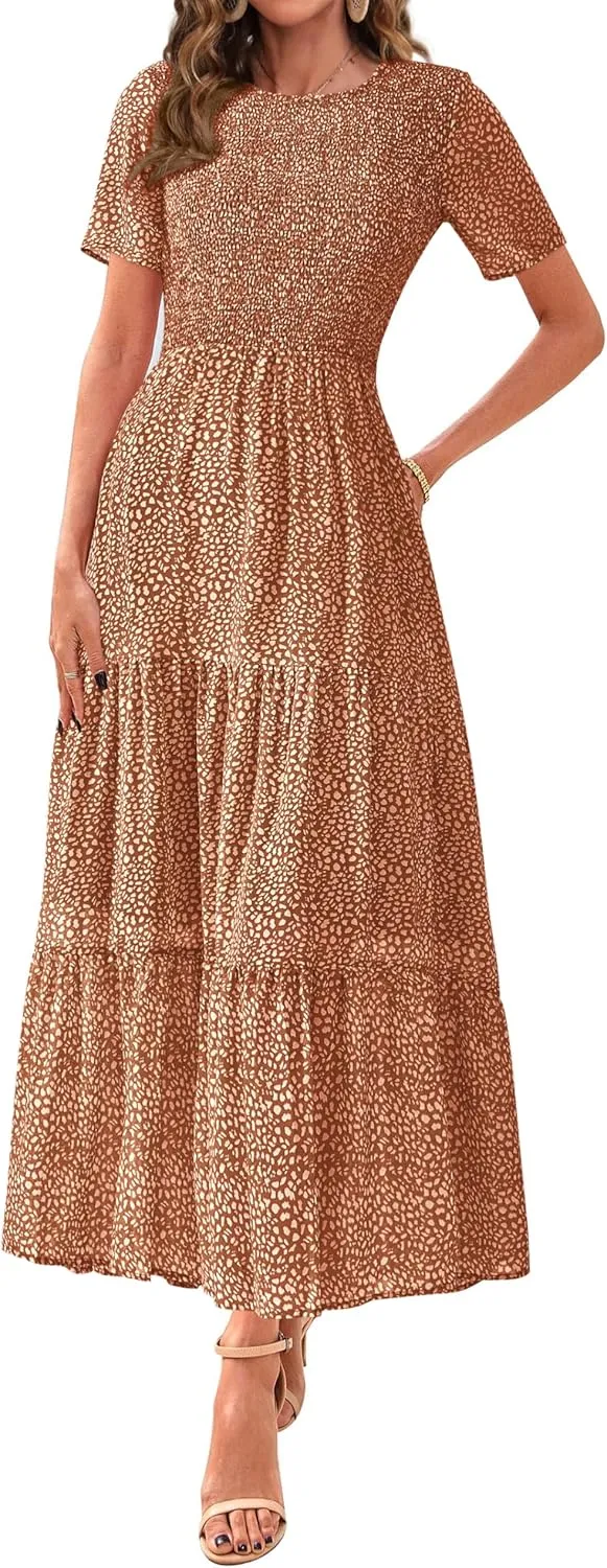 BTFBM Women Casual Short Sleeve Crew Neck Summer Dress Bohemian Floral Printed Flowy Maxi Dresses Tiered Cocktail Dress