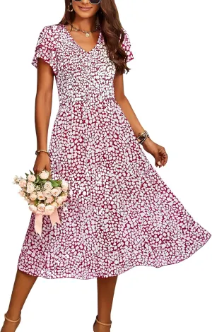 BTFBM Women Casual Summer Short Ruffles Tiered Sleeve Smocked Midi Dresses Bohemian Floral V Neck Wedding Guest Long Dresses