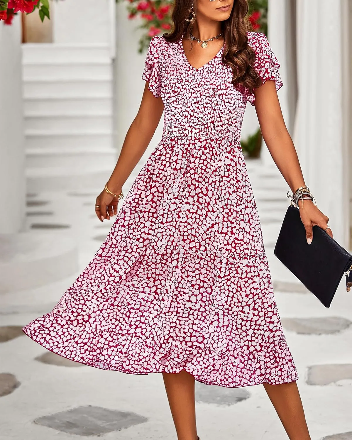 BTFBM Women Casual Summer Short Ruffles Tiered Sleeve Smocked Midi Dresses Bohemian Floral V Neck Wedding Guest Long Dresses