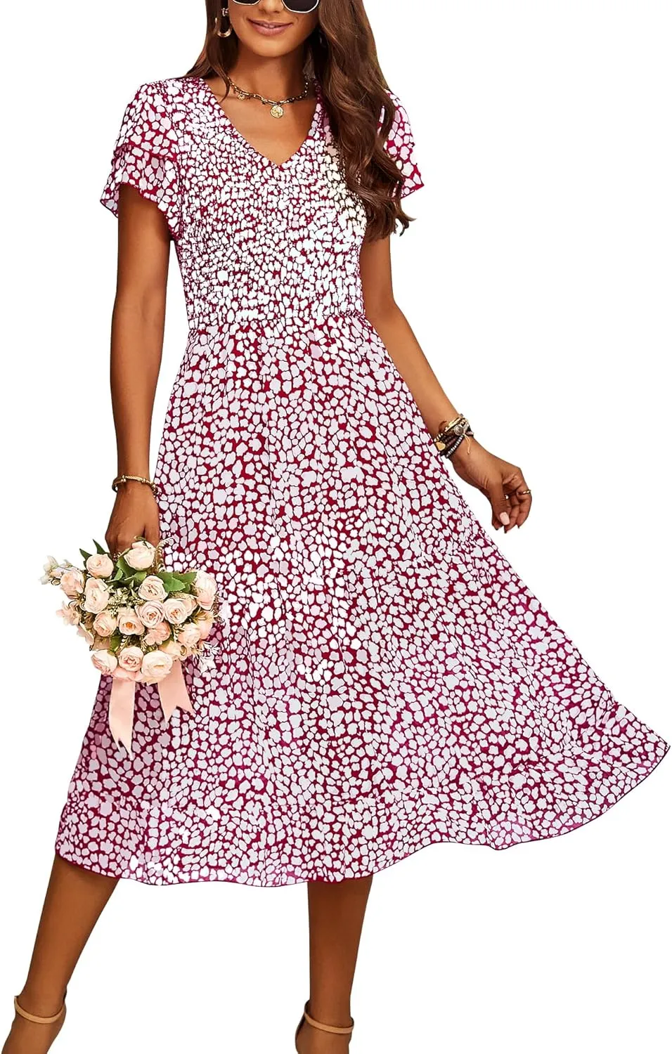BTFBM Women Casual Summer Short Ruffles Tiered Sleeve Smocked Midi Dresses Bohemian Floral V Neck Wedding Guest Long Dresses