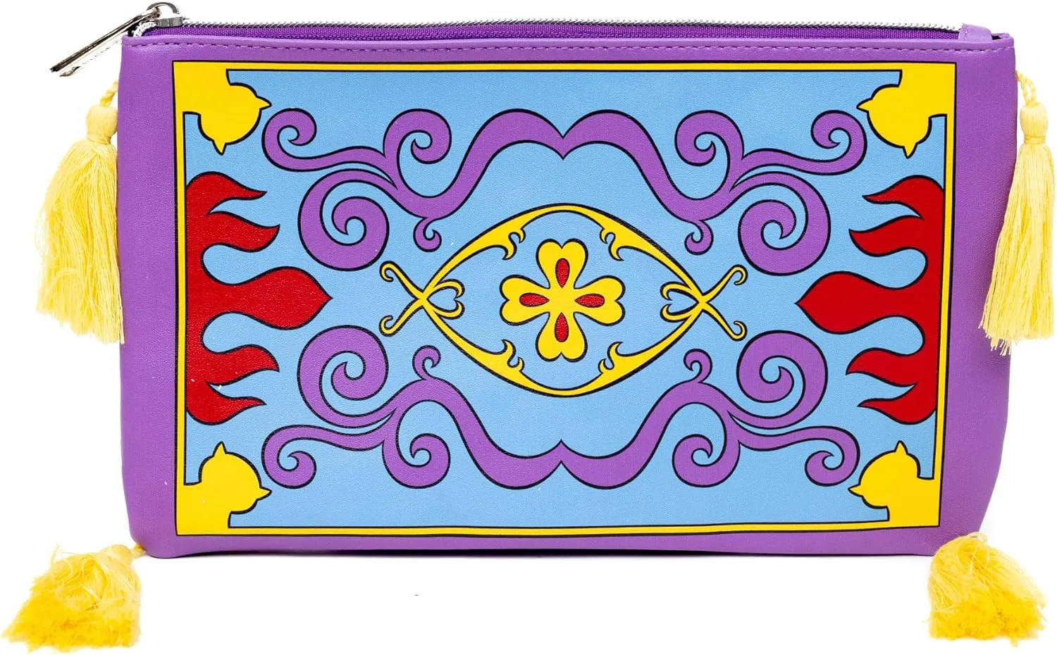 Buckle-Down Disney Vegan Leather Zip Top Pouch for Women, Aladdin Magic Carpet with Tassels, Purple