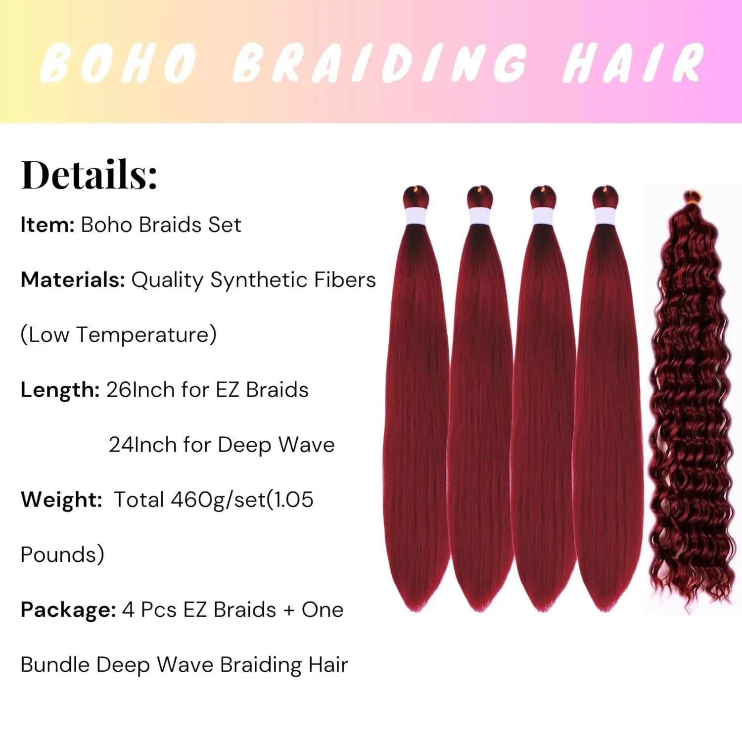 Burgundy Braiding Hair Pre Stretched for Boho Braids Synthetic Pre-stretched Knotless 900# Boho Braiding Hair Non toxic