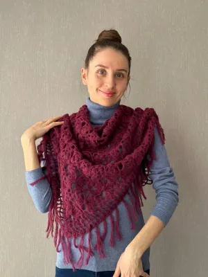 Burgundy Red, Ivory Crochet Fringe Triangle Shawl