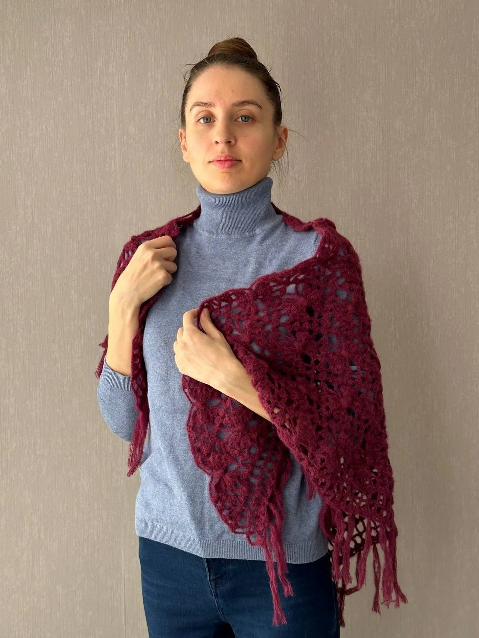 Burgundy Red, Ivory Crochet Fringe Triangle Shawl