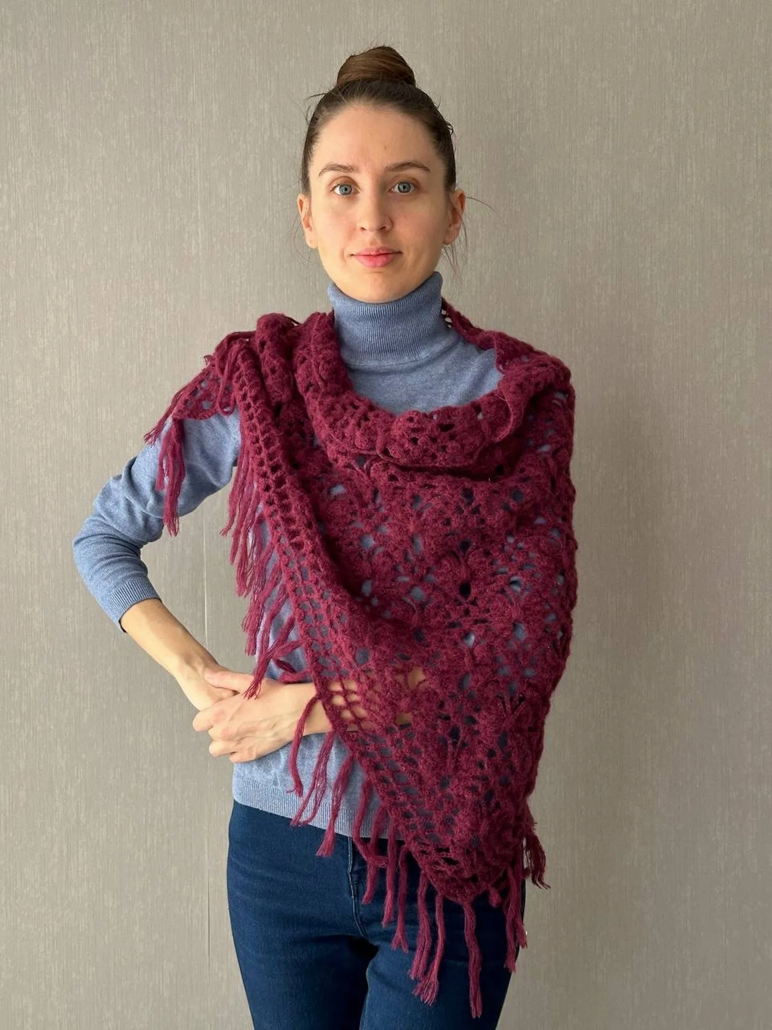 Burgundy Red, Ivory Crochet Fringe Triangle Shawl