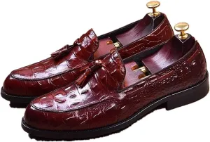 Burnished Crocodile Oxford for Men Formal Shoes Slip On Tassels Round Toe Block Heel Solid Color Casual Business Low Top
