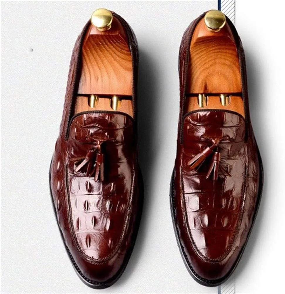 Burnished Crocodile Oxford for Men Formal Shoes Slip On Tassels Round Toe Block Heel Solid Color Casual Business Low Top