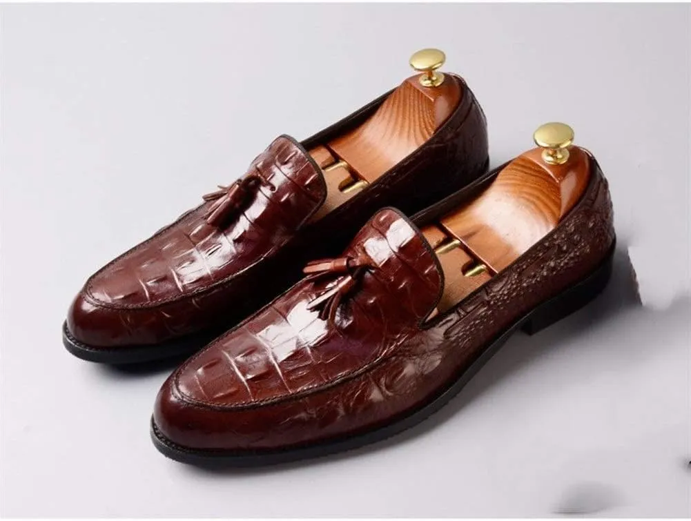 Burnished Crocodile Oxford for Men Formal Shoes Slip On Tassels Round Toe Block Heel Solid Color Casual Business Low Top