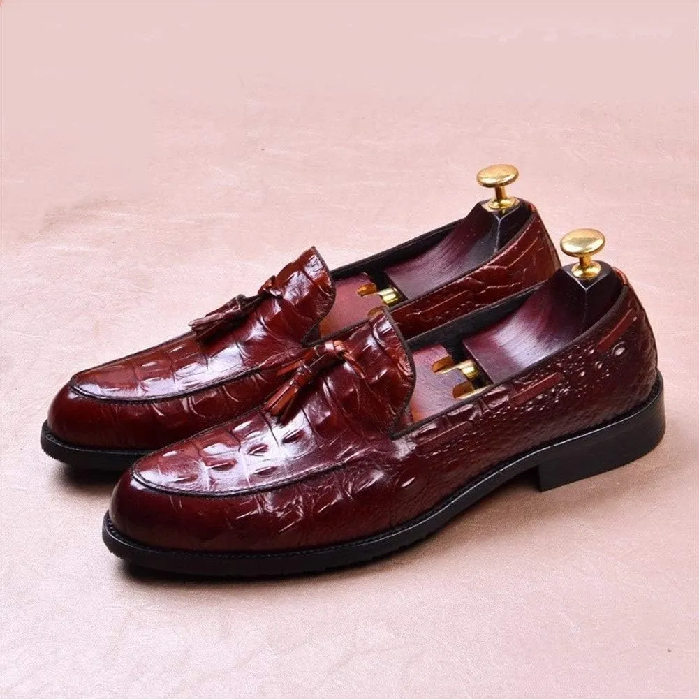 Burnished Crocodile Oxford for Men Formal Shoes Slip On Tassels Round Toe Block Heel Solid Color Casual Business Low Top