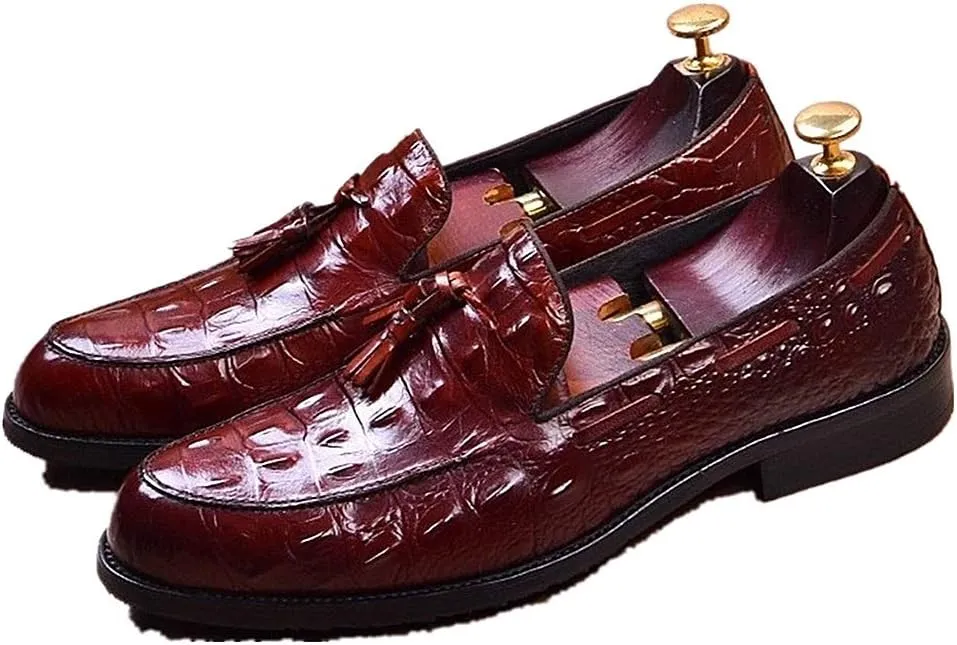 Burnished Crocodile Oxford for Men Formal Shoes Slip On Tassels Round Toe Block Heel Solid Color Casual Business Low Top