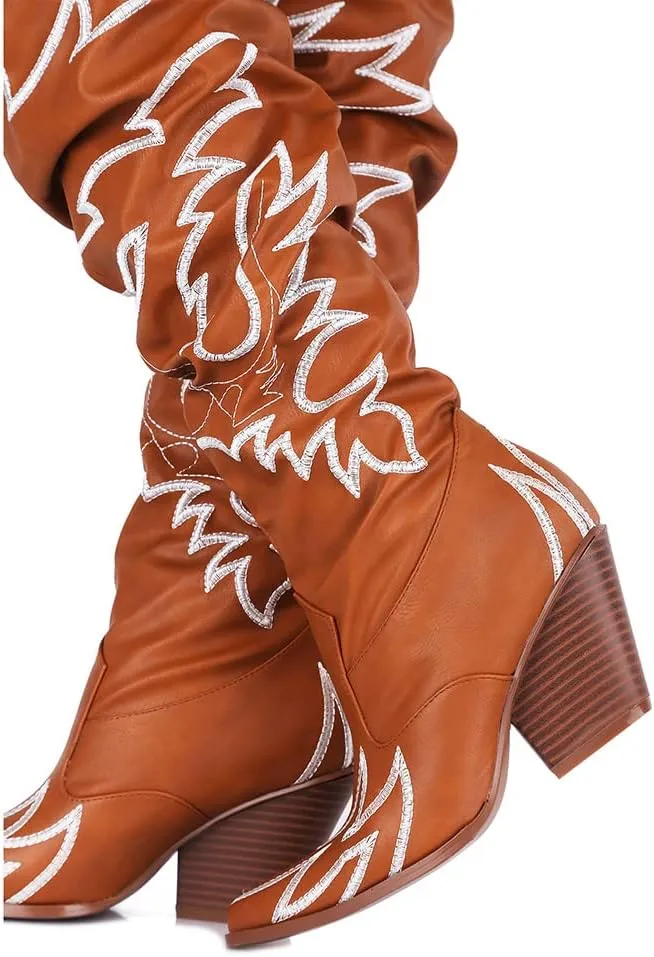 Cape Robbin Kelsey-21 Cowboy Boots Women, Over The Knee Western Cowgirl Boots with Chunky Block Heels, Fashion Dress Boots for Women