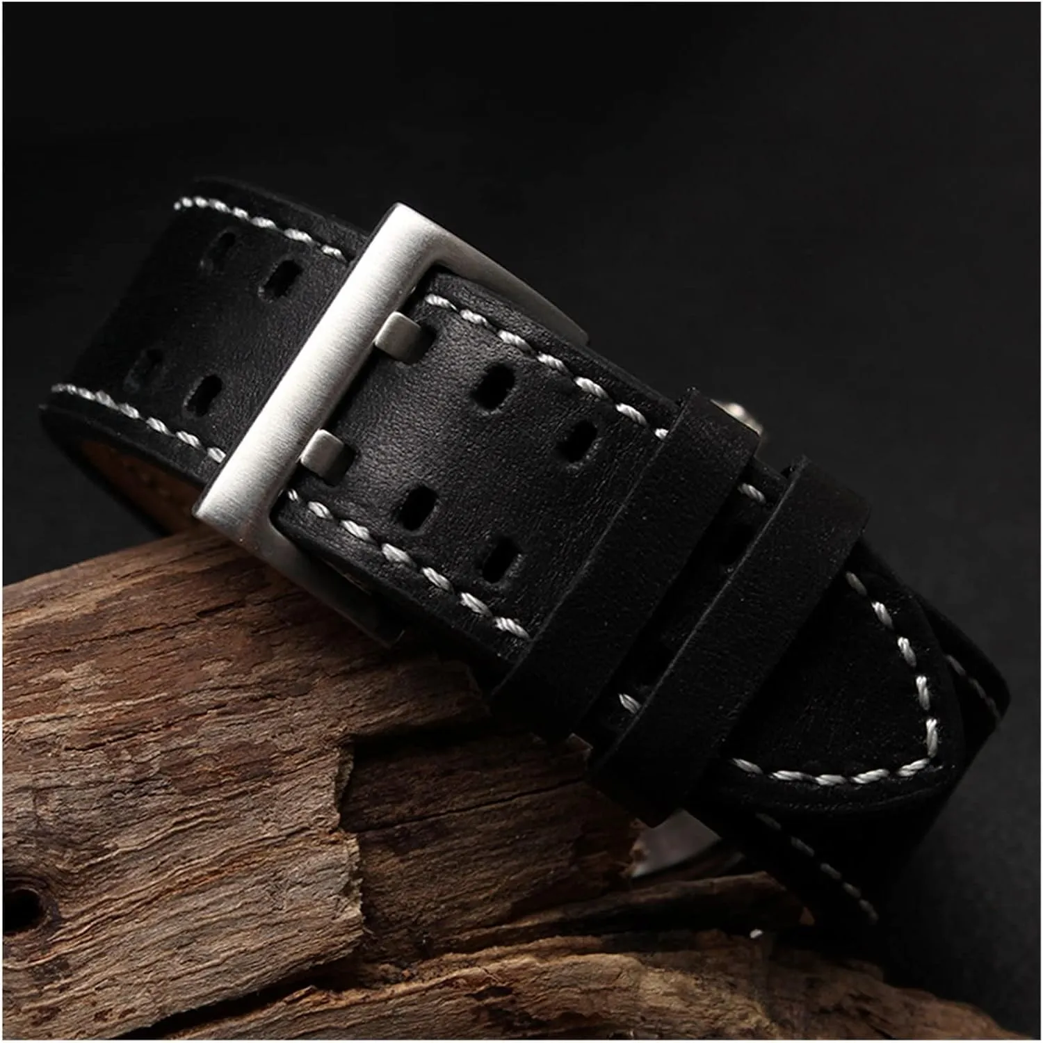CAREG 20mm22mm Double Row Hole Leather Straps Compatible With Hamilton Seiko Watch Band Rivet Mens Pilot Khaki Field Aviation Watch Belts Durable
