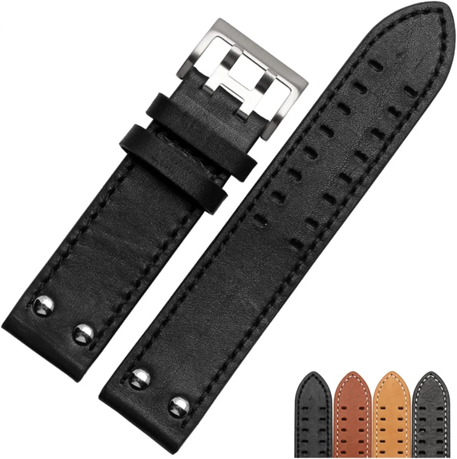 CAREG 20mm22mm Double Row Hole Leather Straps Compatible With Hamilton Seiko Watch Band Rivet Mens Pilot Khaki Field Aviation Watch Belts Durable