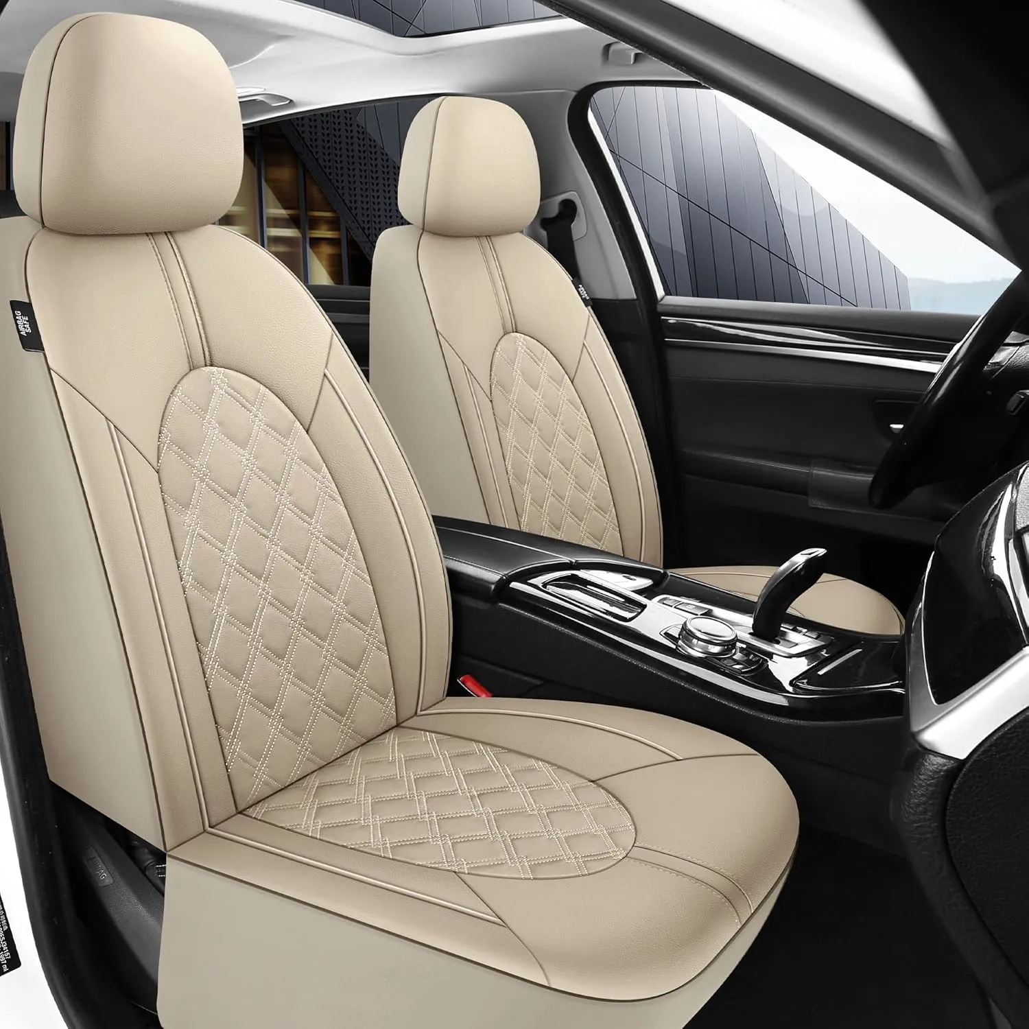 CAROMOP Luxury PU Leather Car Seat Covers Front Set, Anti-Stain Waterproof Automotive Seat Covers for Cars, Universal Car Interior Covers Seat Protectors for SUVs Pick-up Trucks (Beige/Beige Line)