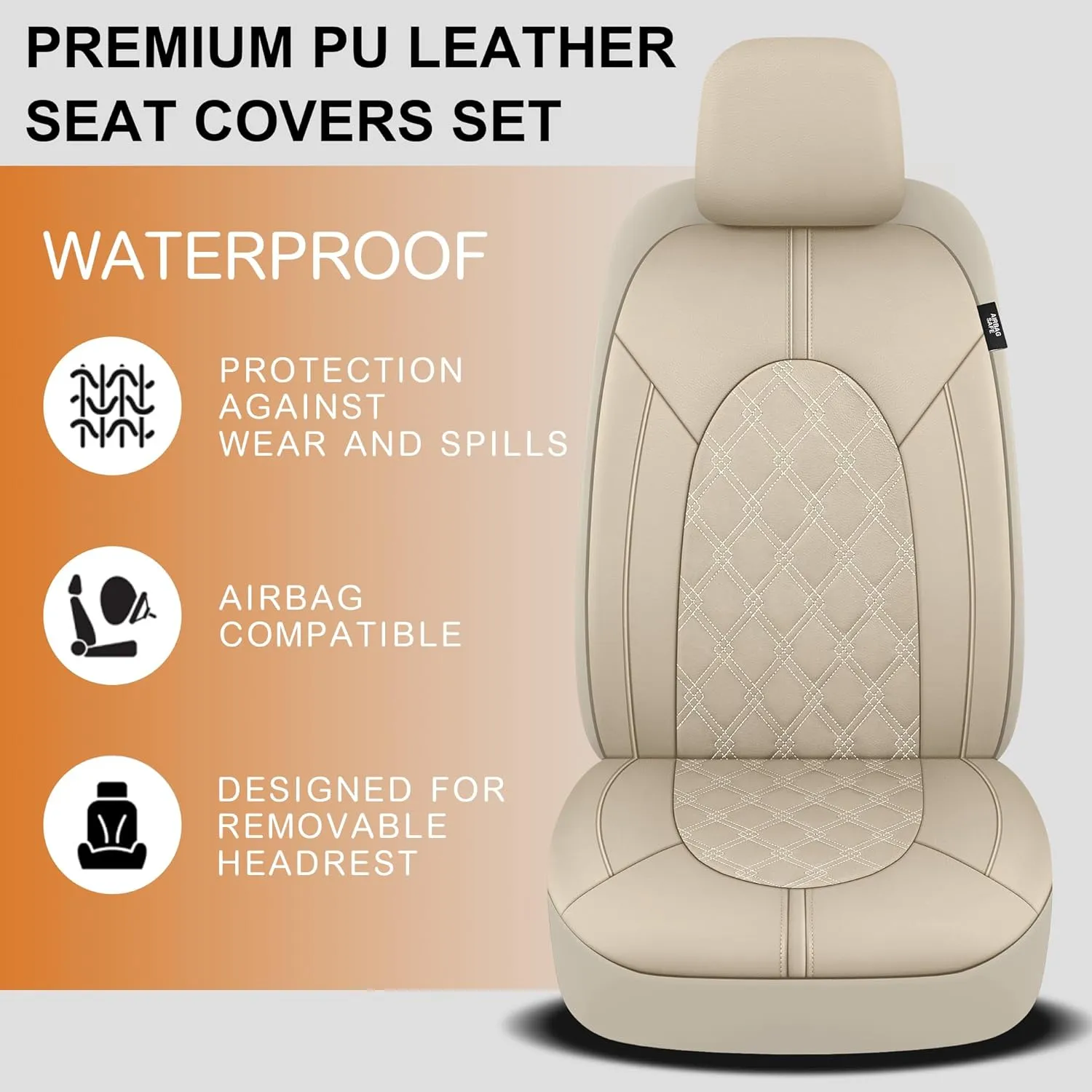 CAROMOP Luxury PU Leather Car Seat Covers Front Set, Anti-Stain Waterproof Automotive Seat Covers for Cars, Universal Car Interior Covers Seat Protectors for SUVs Pick-up Trucks (Beige/Beige Line)