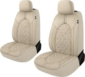 CAROMOP Luxury PU Leather Car Seat Covers Front Set, Anti-Stain Waterproof Automotive Seat Covers for Cars, Universal Car Interior Covers Seat Protectors for SUVs Pick-up Trucks (Beige/Beige Line)