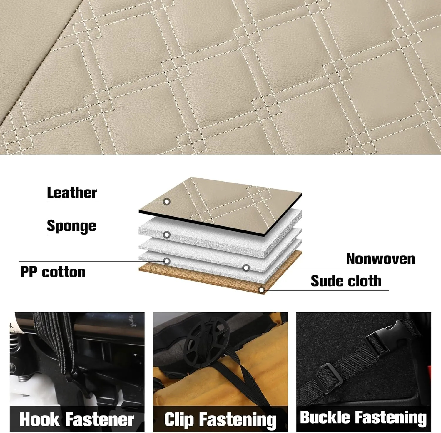 CAROMOP Luxury PU Leather Car Seat Covers Front Set, Anti-Stain Waterproof Automotive Seat Covers for Cars, Universal Car Interior Covers Seat Protectors for SUVs Pick-up Trucks (Beige/Beige Line)