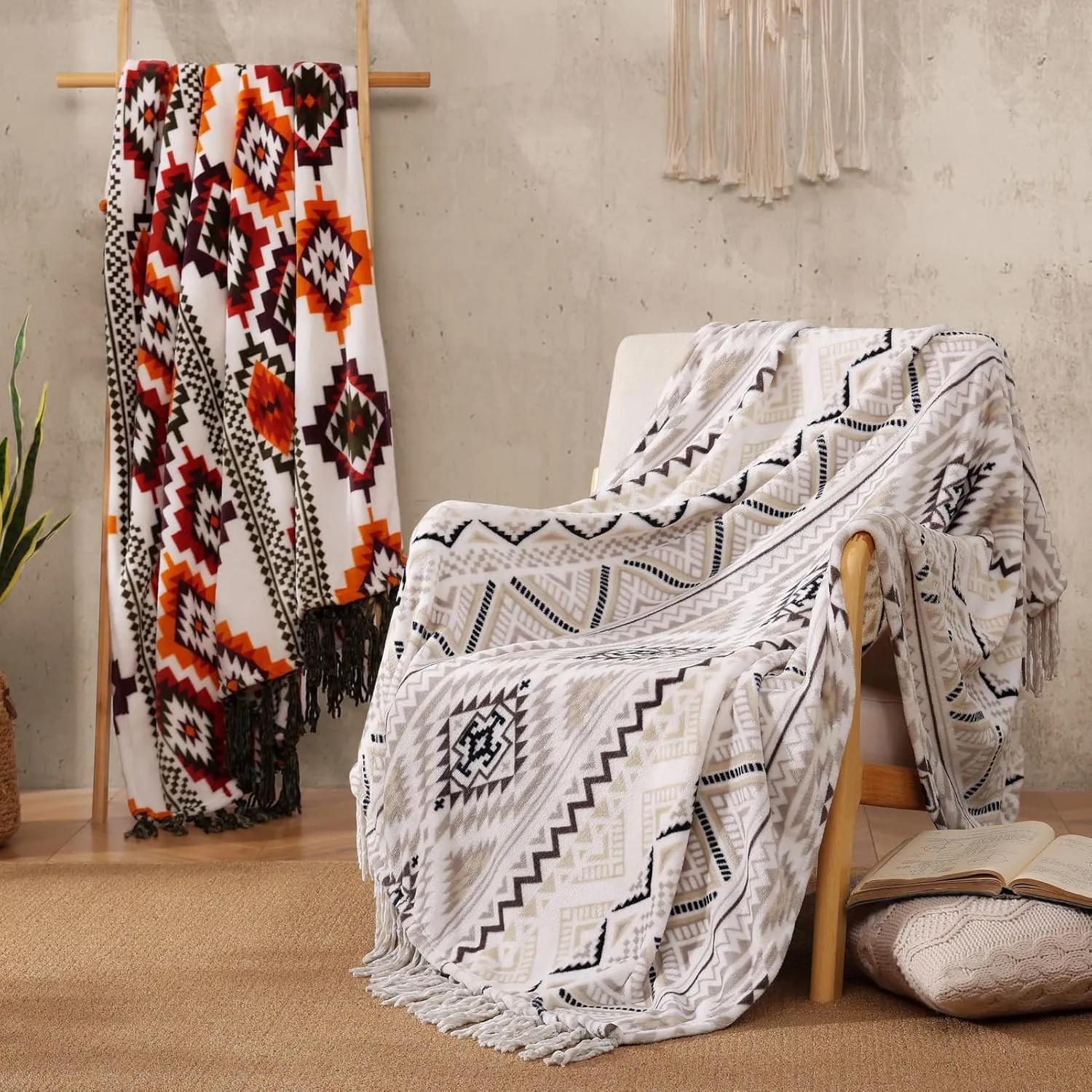 CASAAGUSTO Boho Throw Blanket - Orange and Green Decorative Blankets with Tassel, Printed Flannel Bohemian Blanket for Chair, Bed, Sofa, Couch(50 * 60, Orange and Green)