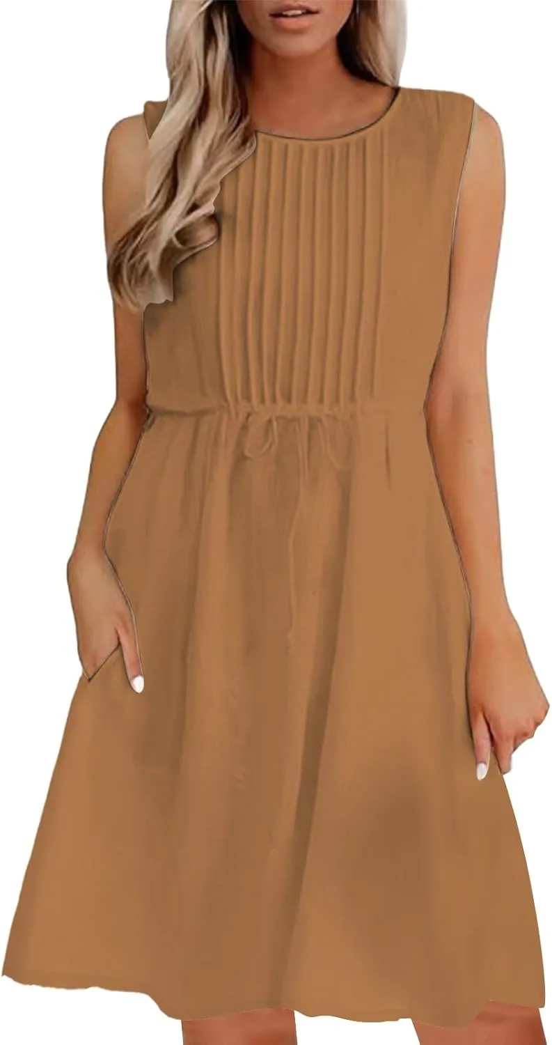 Casual Summer Dresses for Women 2025,Women's Classy Sleeveless Long Summer Dress Loose Fit Crew Neck Solid Color Dress