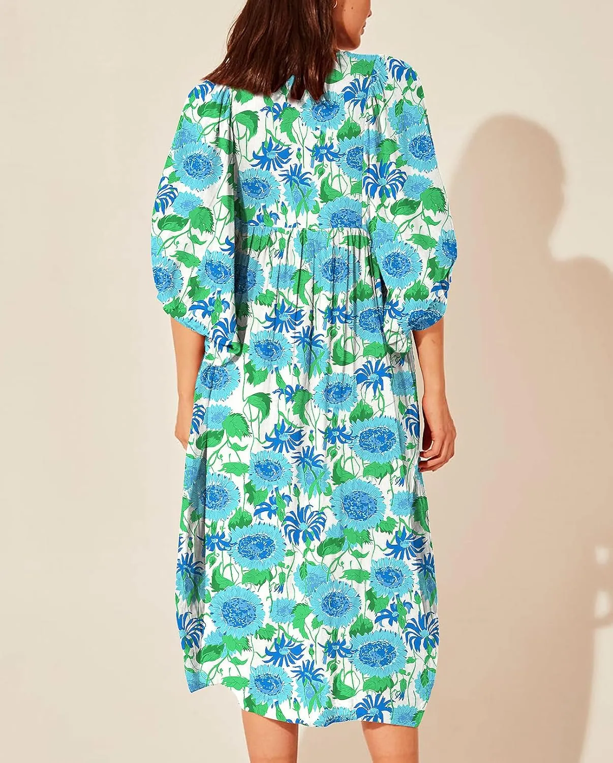 Casual Summer Dresses for Women Swing Floral Half Open Collar Boho Puff Sleeve Loose Midi Beach Dress