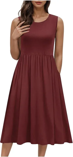 Casual Sun Dresses for Women Summer Trendy Crewneck Sleeveless Vacation Dresses A-Line Maxi Dress with Pockets