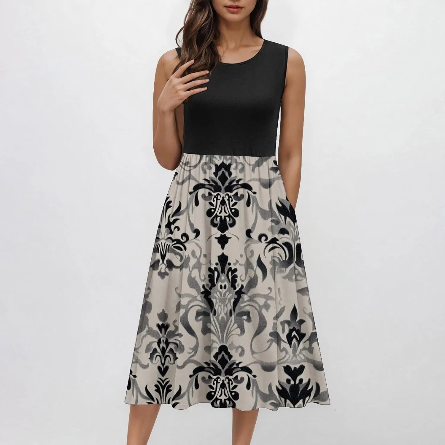 Casual Sun Dresses for Women Summer Trendy Crewneck Sleeveless Vacation Dresses A-Line Maxi Dress with Pockets
