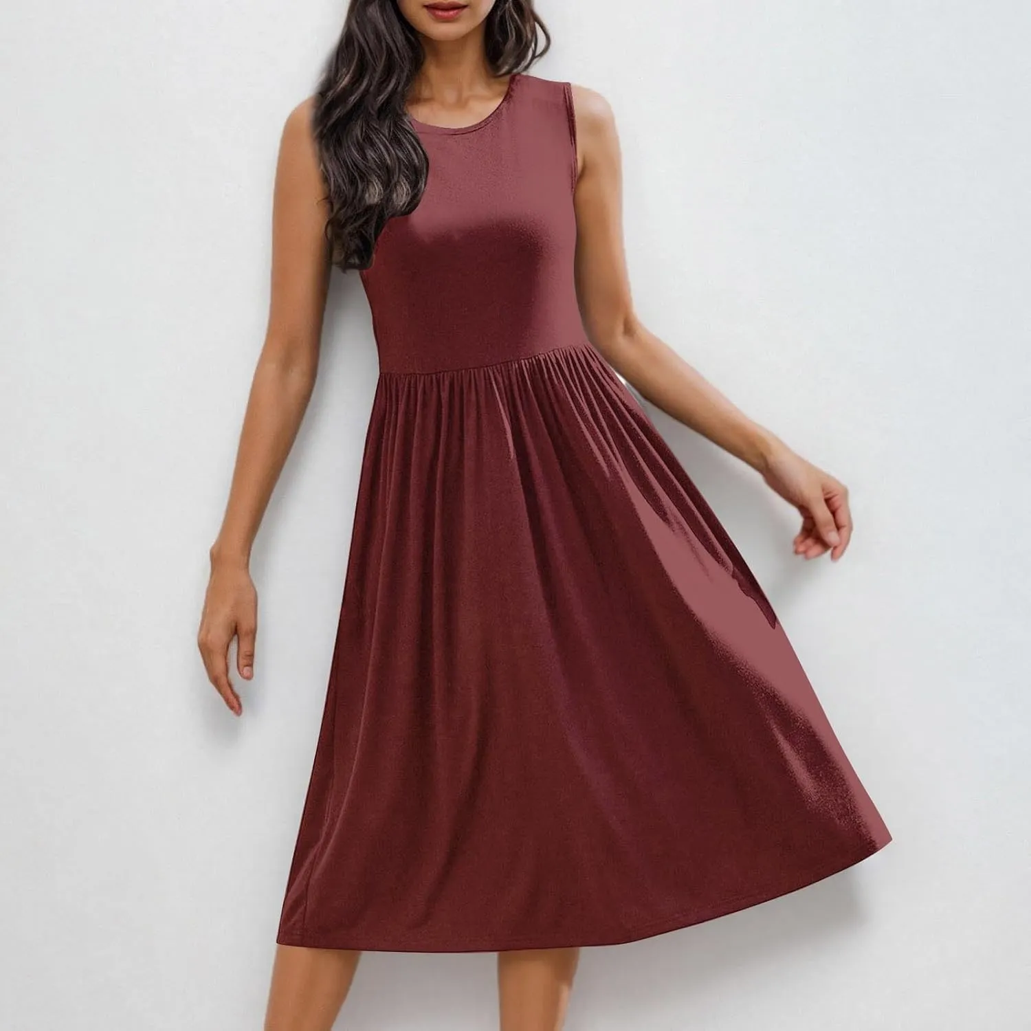 Casual Sun Dresses for Women Summer Trendy Crewneck Sleeveless Vacation Dresses A-Line Maxi Dress with Pockets