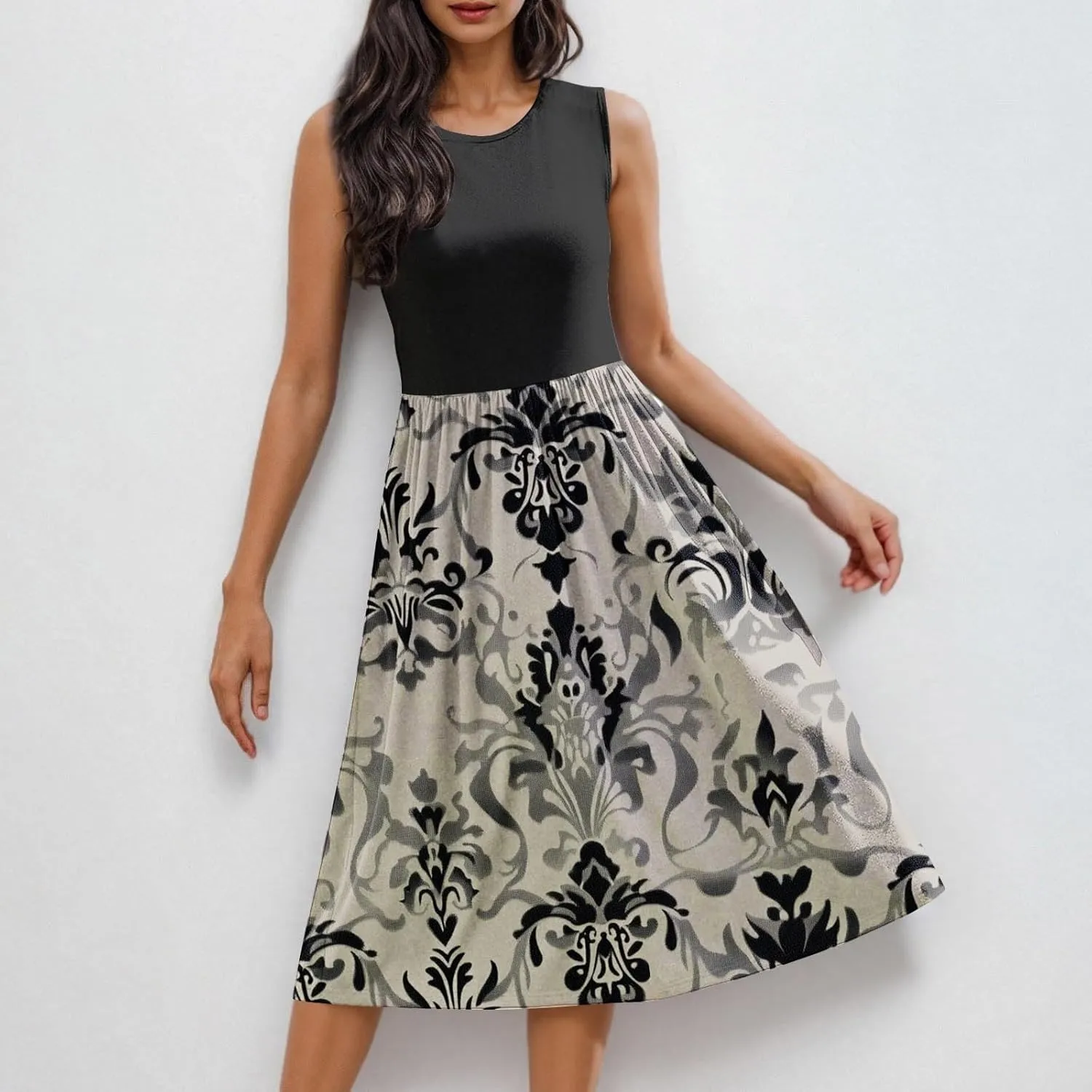 Casual Sun Dresses for Women Summer Trendy Crewneck Sleeveless Vacation Dresses A-Line Maxi Dress with Pockets