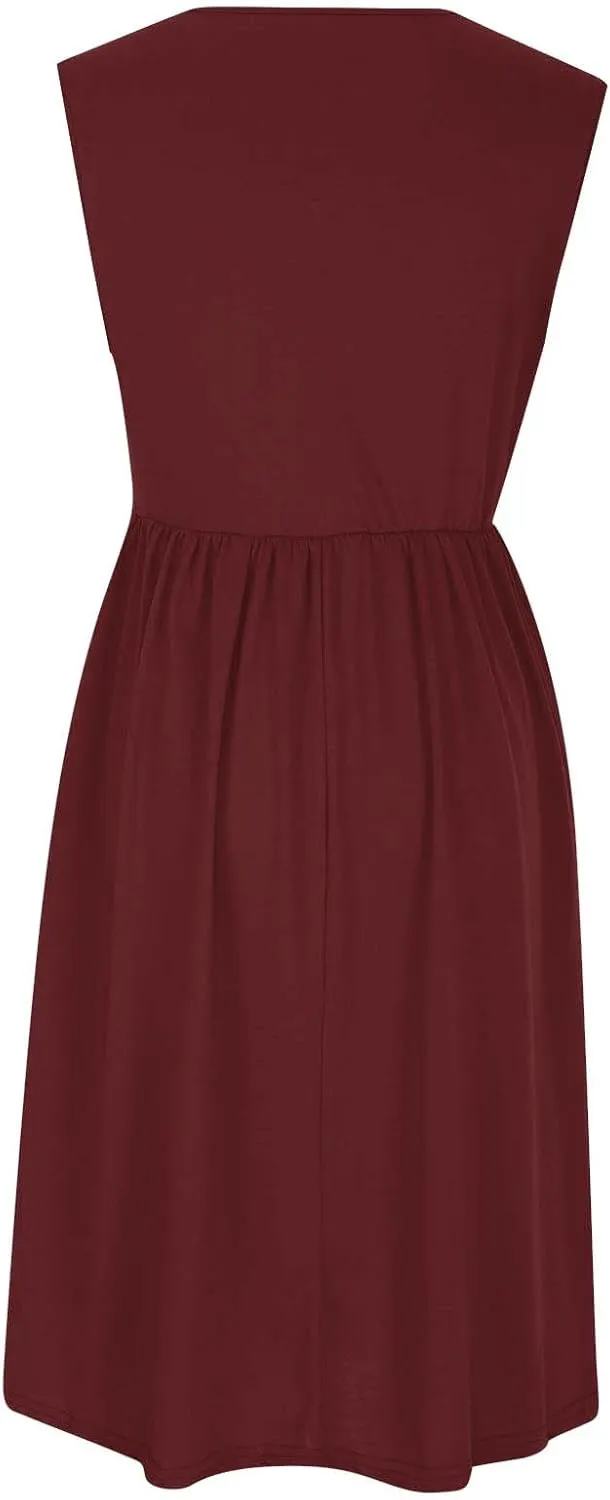 Casual Sun Dresses for Women Summer Trendy Crewneck Sleeveless Vacation Dresses A-Line Maxi Dress with Pockets
