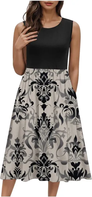 Casual Sun Dresses for Women Summer Trendy Crewneck Sleeveless Vacation Dresses A-Line Maxi Dress with Pockets