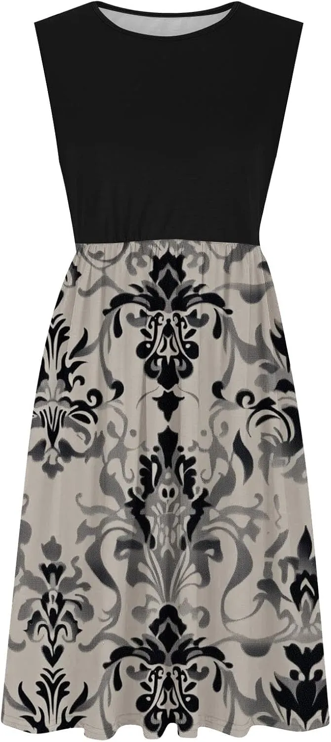 Casual Sun Dresses for Women Summer Trendy Crewneck Sleeveless Vacation Dresses A-Line Maxi Dress with Pockets