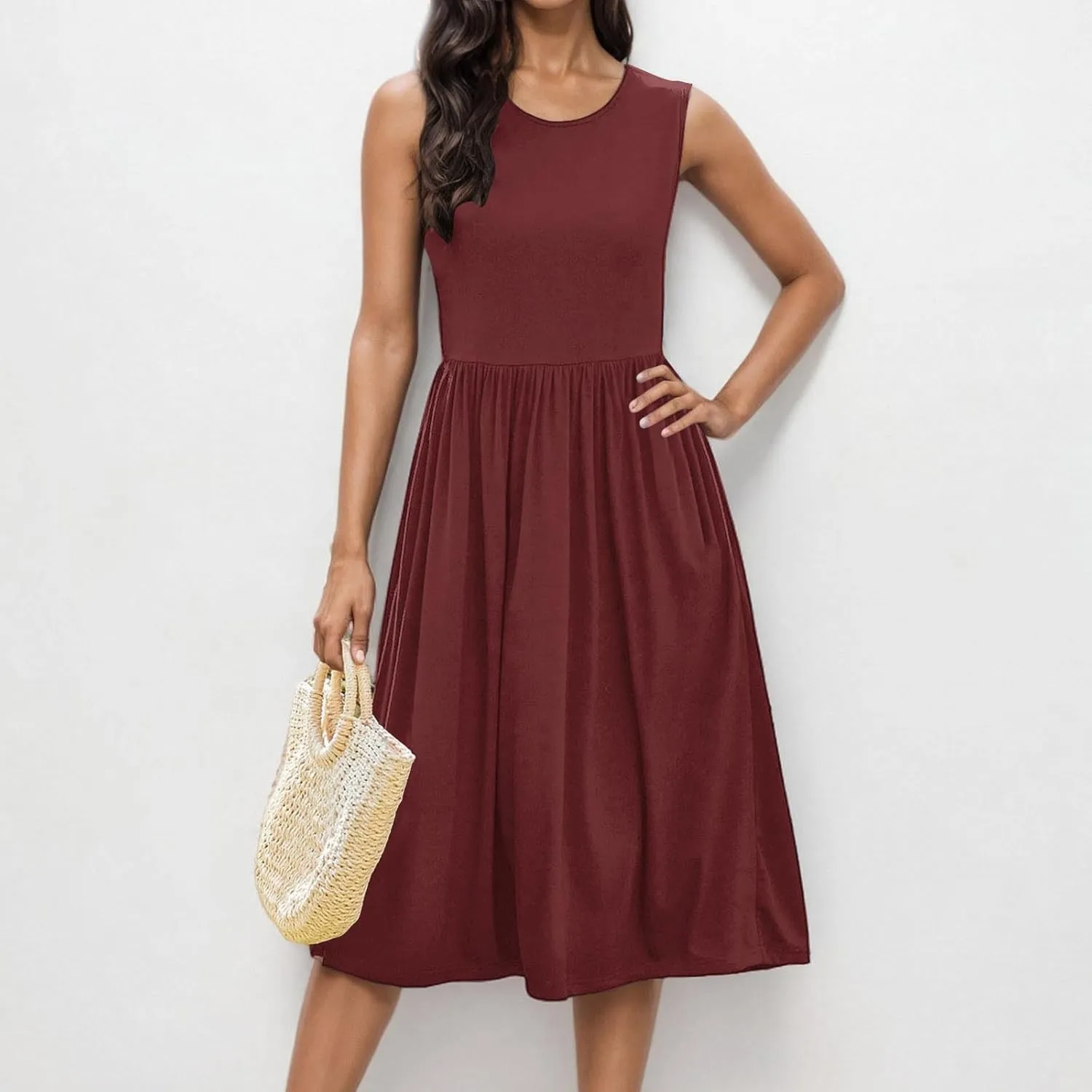 Casual Sun Dresses for Women Summer Trendy Crewneck Sleeveless Vacation Dresses A-Line Maxi Dress with Pockets