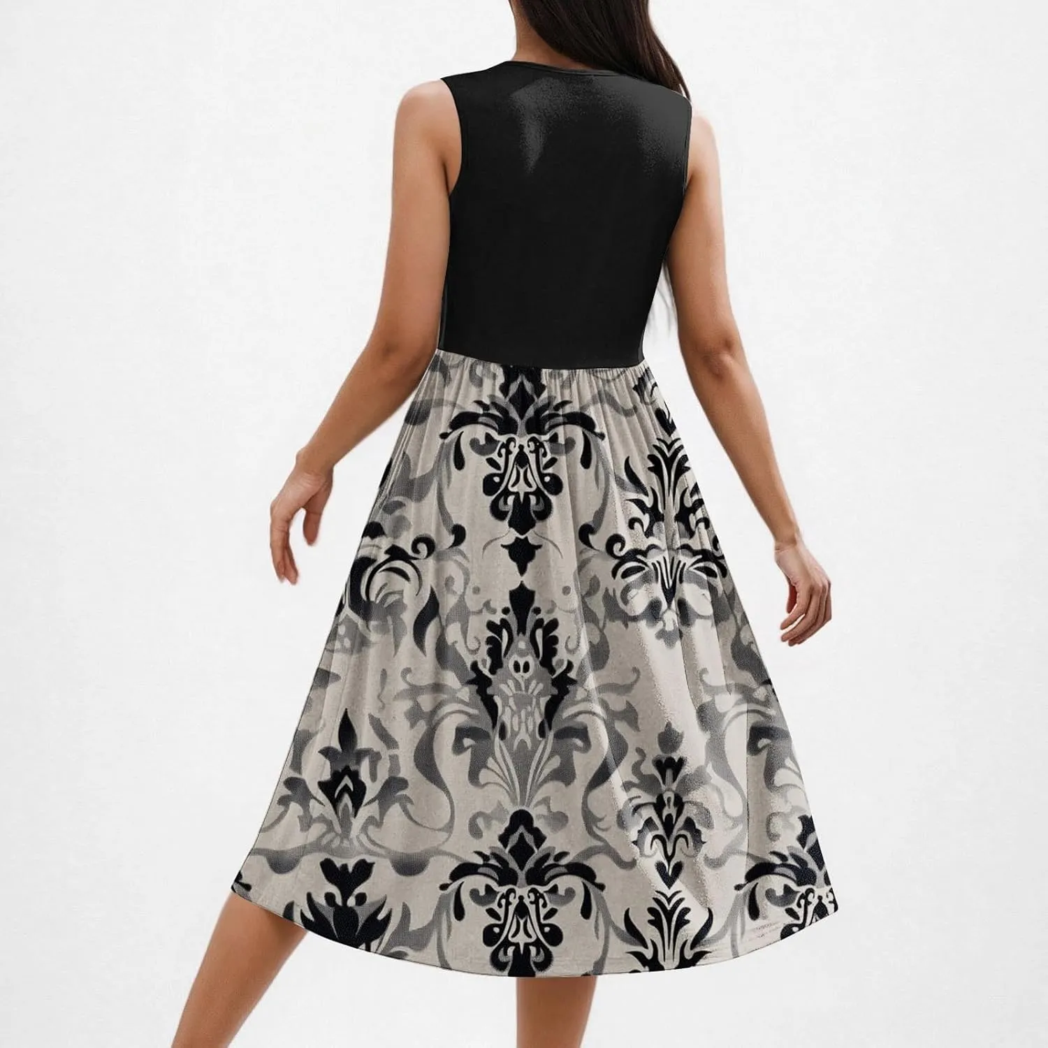 Casual Sun Dresses for Women Summer Trendy Crewneck Sleeveless Vacation Dresses A-Line Maxi Dress with Pockets