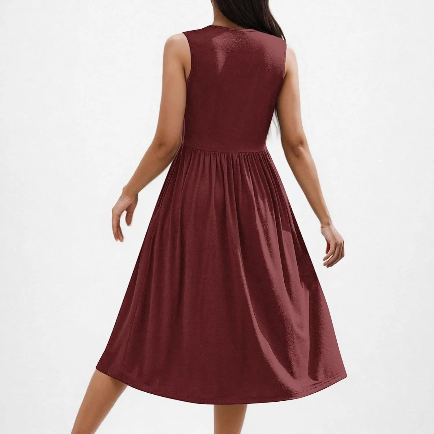 Casual Sun Dresses for Women Summer Trendy Crewneck Sleeveless Vacation Dresses A-Line Maxi Dress with Pockets