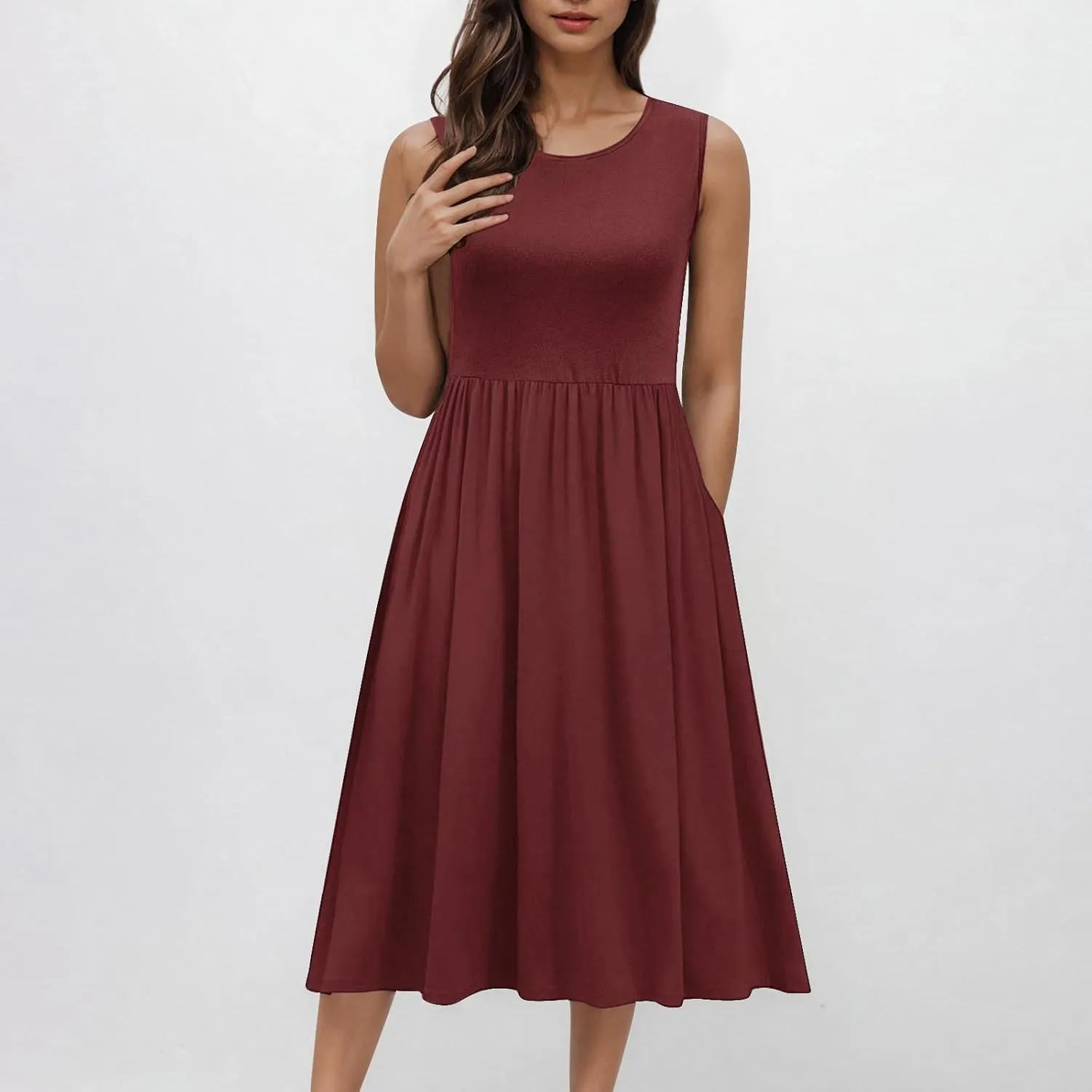 Casual Sun Dresses for Women Summer Trendy Crewneck Sleeveless Vacation Dresses A-Line Maxi Dress with Pockets