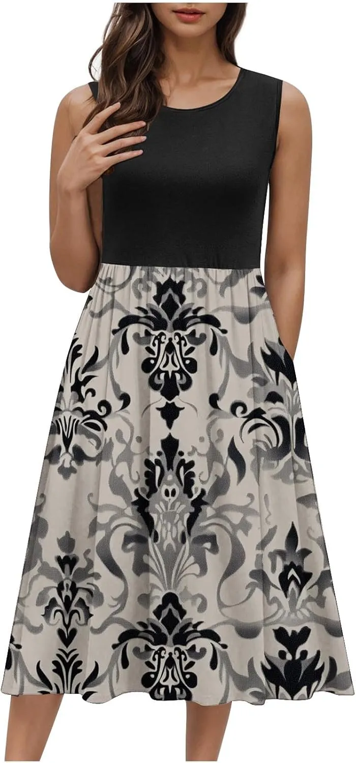 Casual Sun Dresses for Women Summer Trendy Crewneck Sleeveless Vacation Dresses A-Line Maxi Dress with Pockets