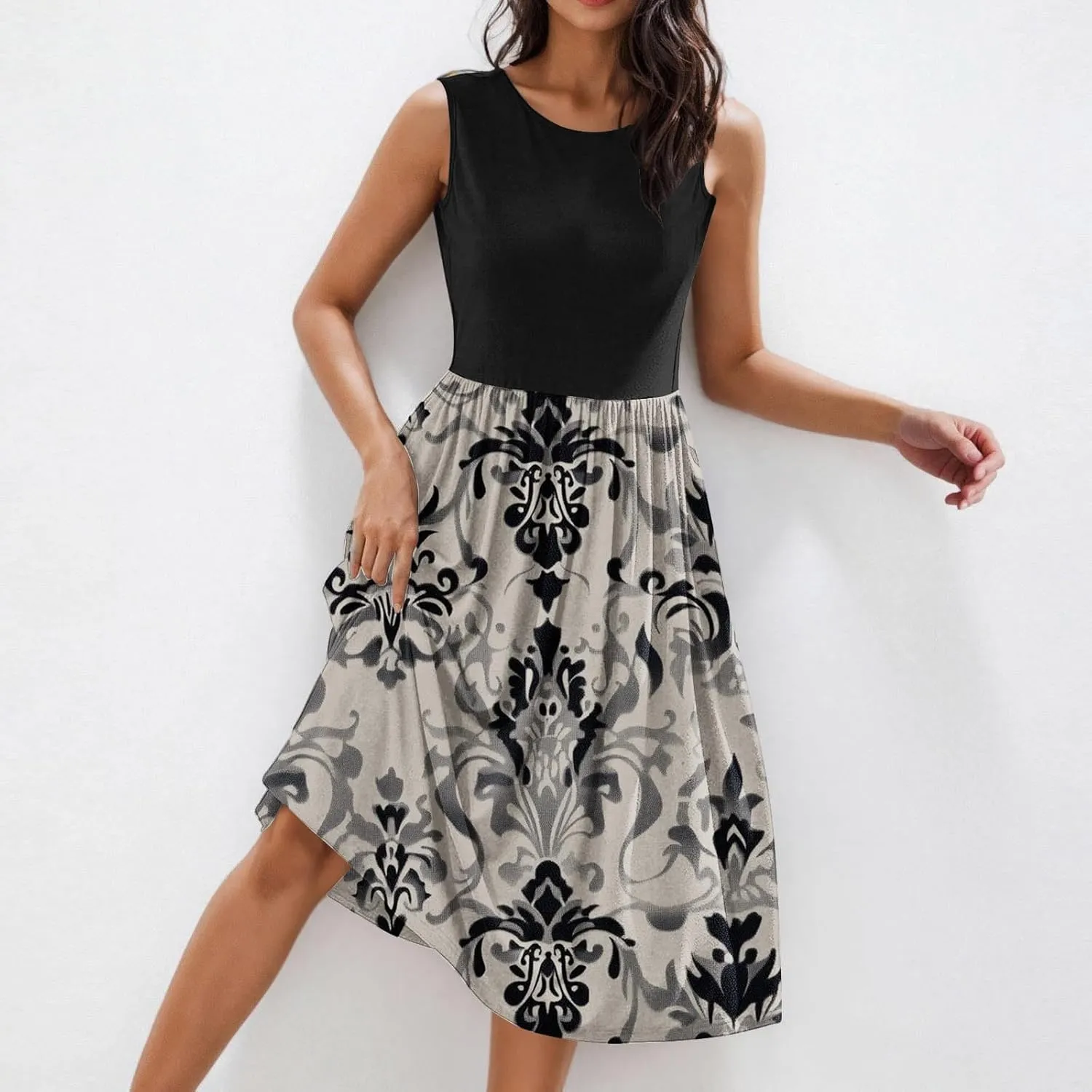 Casual Sun Dresses for Women Summer Trendy Crewneck Sleeveless Vacation Dresses A-Line Maxi Dress with Pockets