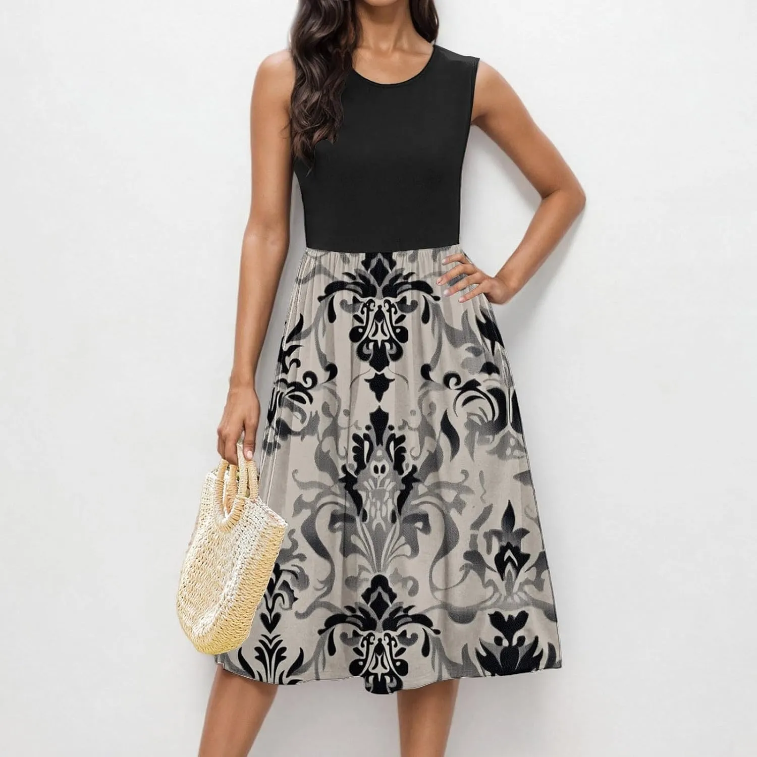 Casual Sun Dresses for Women Summer Trendy Crewneck Sleeveless Vacation Dresses A-Line Maxi Dress with Pockets