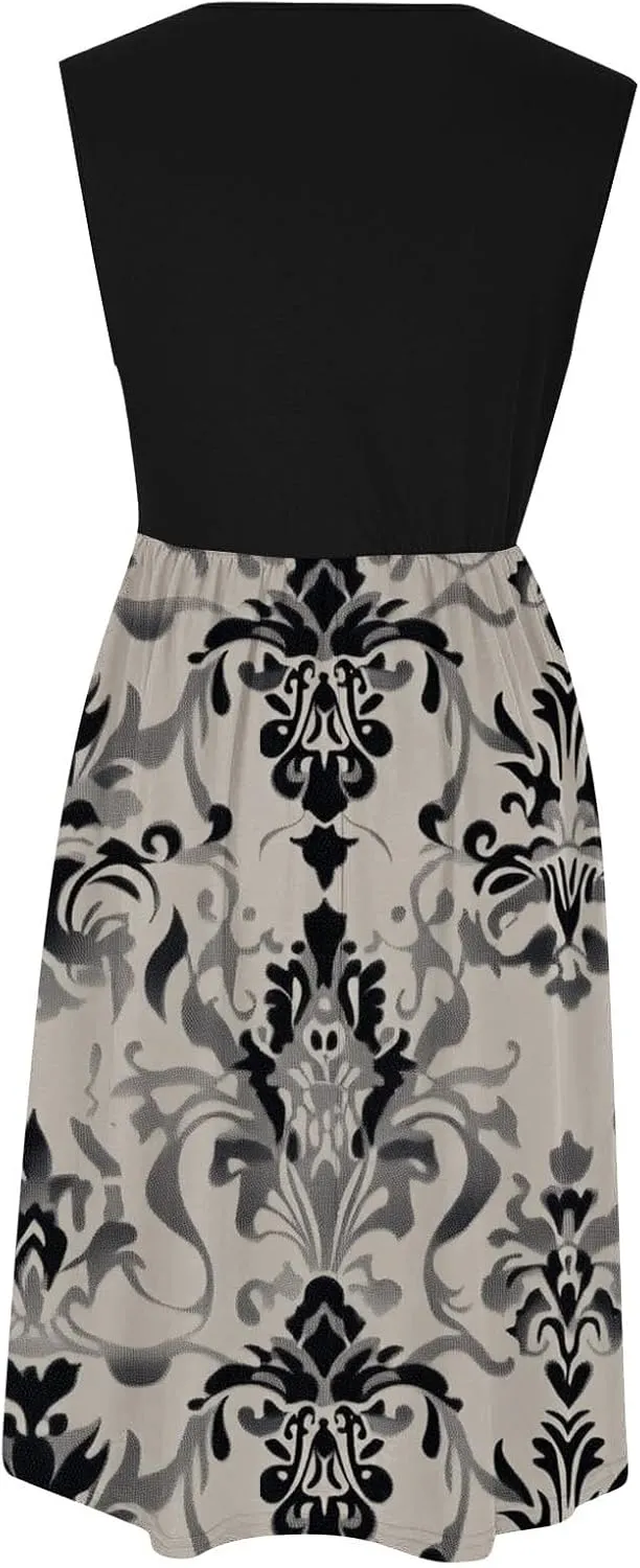 Casual Sun Dresses for Women Summer Trendy Crewneck Sleeveless Vacation Dresses A-Line Maxi Dress with Pockets