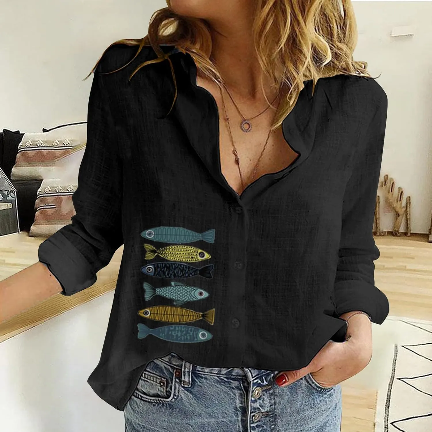 Casual V Neck Button Down Shirts for Women Fragrant Fabric Shirt Womens Tops Casual Boho Clothes for Women Linen
