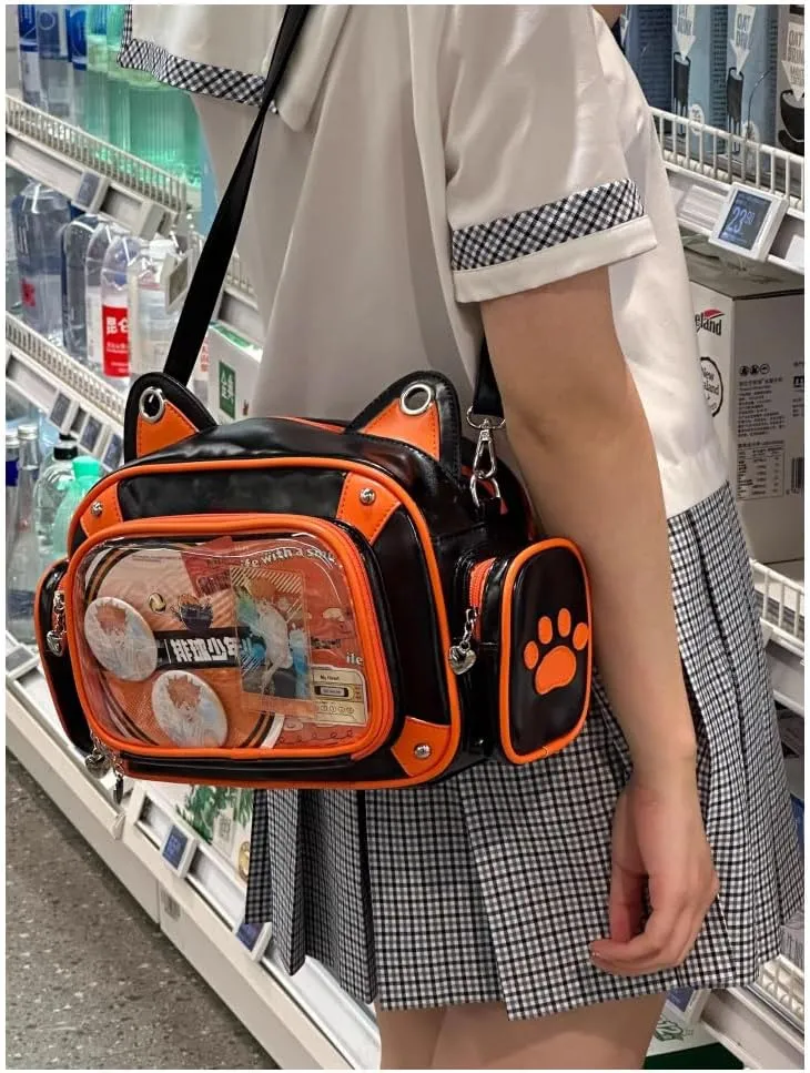 Cat Ita Bag Pins Display Backpack for Girls Single Shoulder Bag Purse with Insert for School Comic Con (orange black PU)