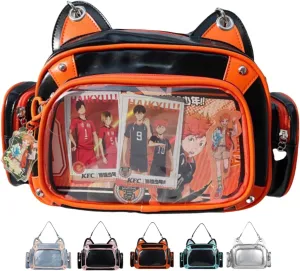 Cat Ita Bag Pins Display Backpack for Girls Single Shoulder Bag Purse with Insert for School Comic Con (orange black PU)