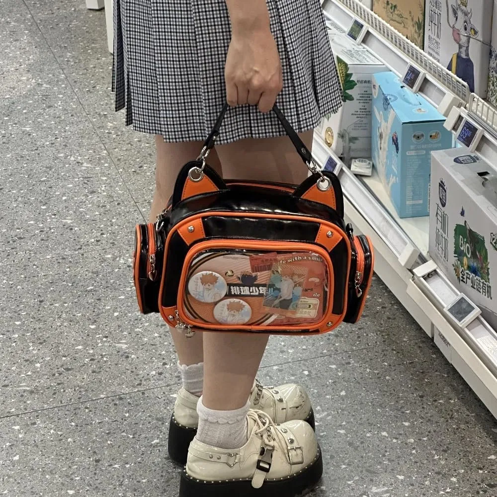 Cat Ita Bag Pins Display Backpack for Girls Single Shoulder Bag Purse with Insert for School Comic Con (orange black PU)
