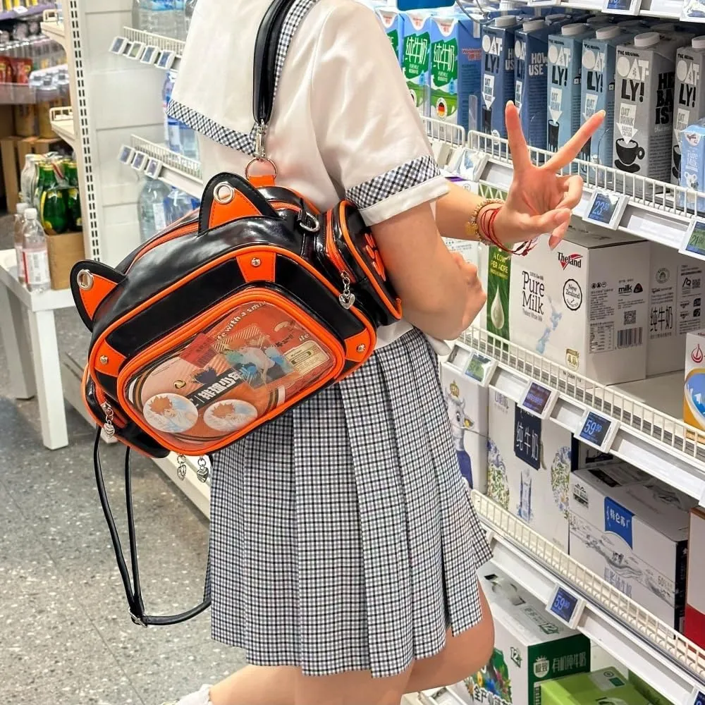 Cat Ita Bag Pins Display Backpack for Girls Single Shoulder Bag Purse with Insert for School Comic Con (orange black PU)