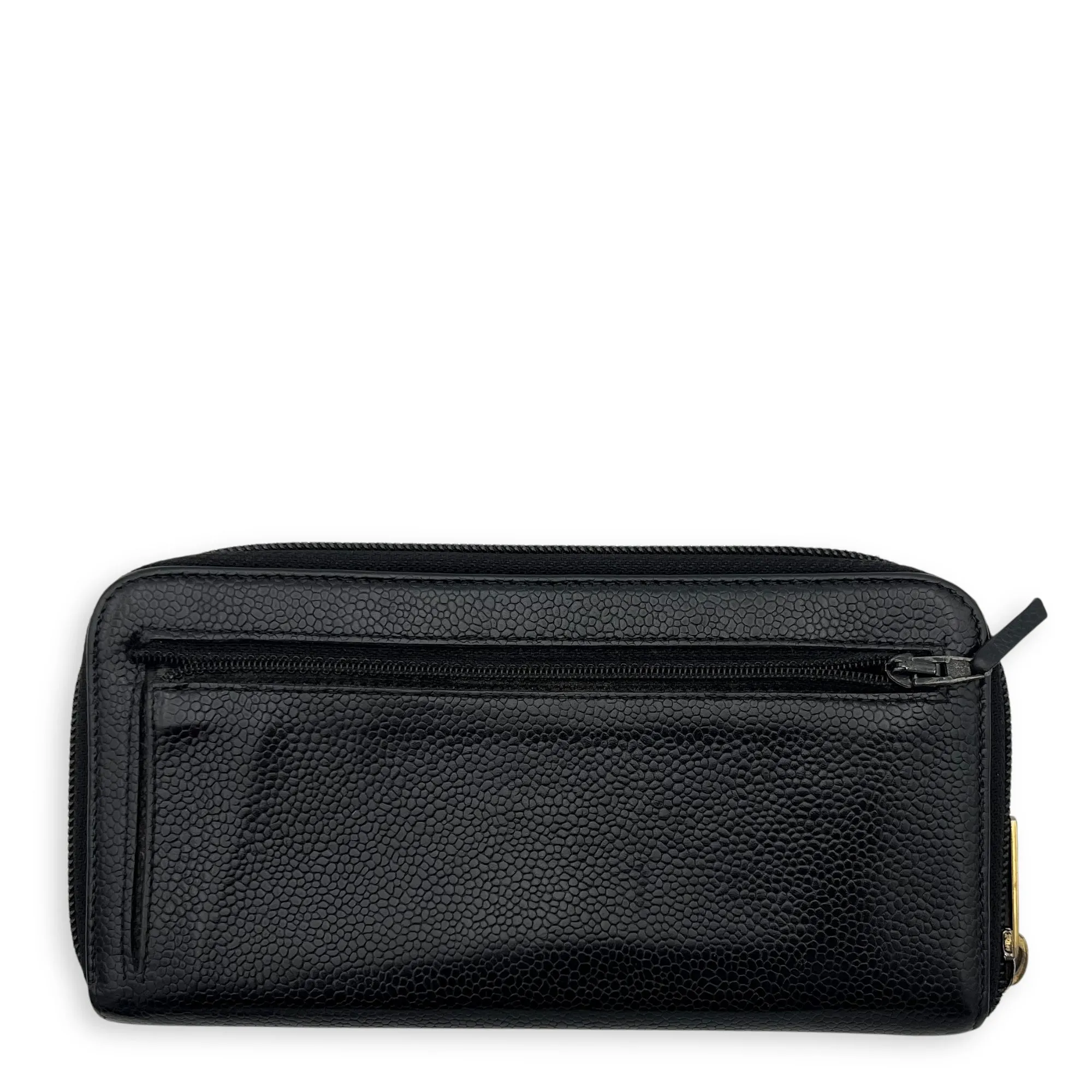 CC Zipped Black Wallet in Caviar Leather, Gold hardware